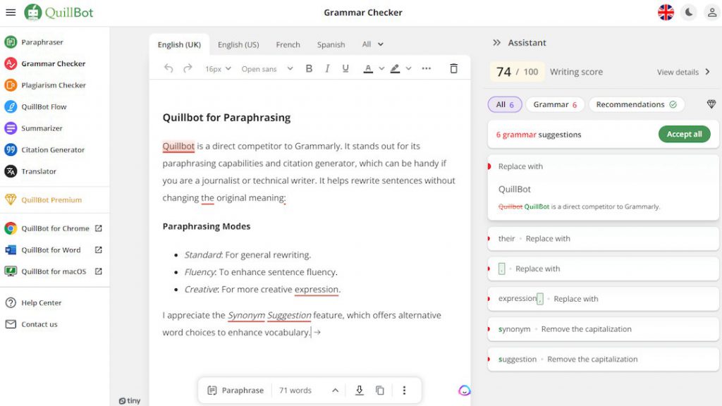 QuillBot AI, an excellent alternative to Grammarly