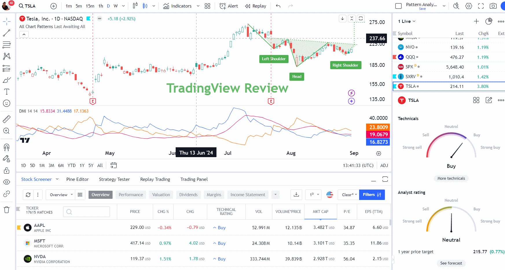 TradingView Screening (in the bottom window)