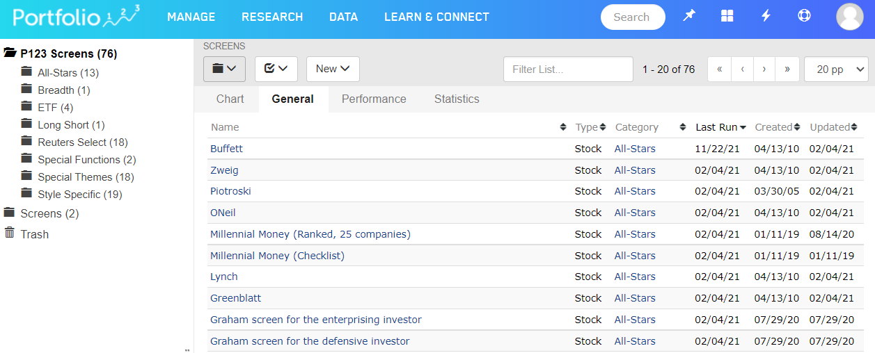 Portfolio123 Review: Pre-configured Screening Strategies 